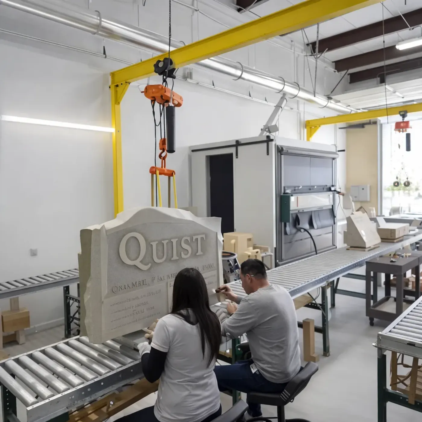 A craftsman sandblasting a granite headstone in the Utah Headstone Design studio