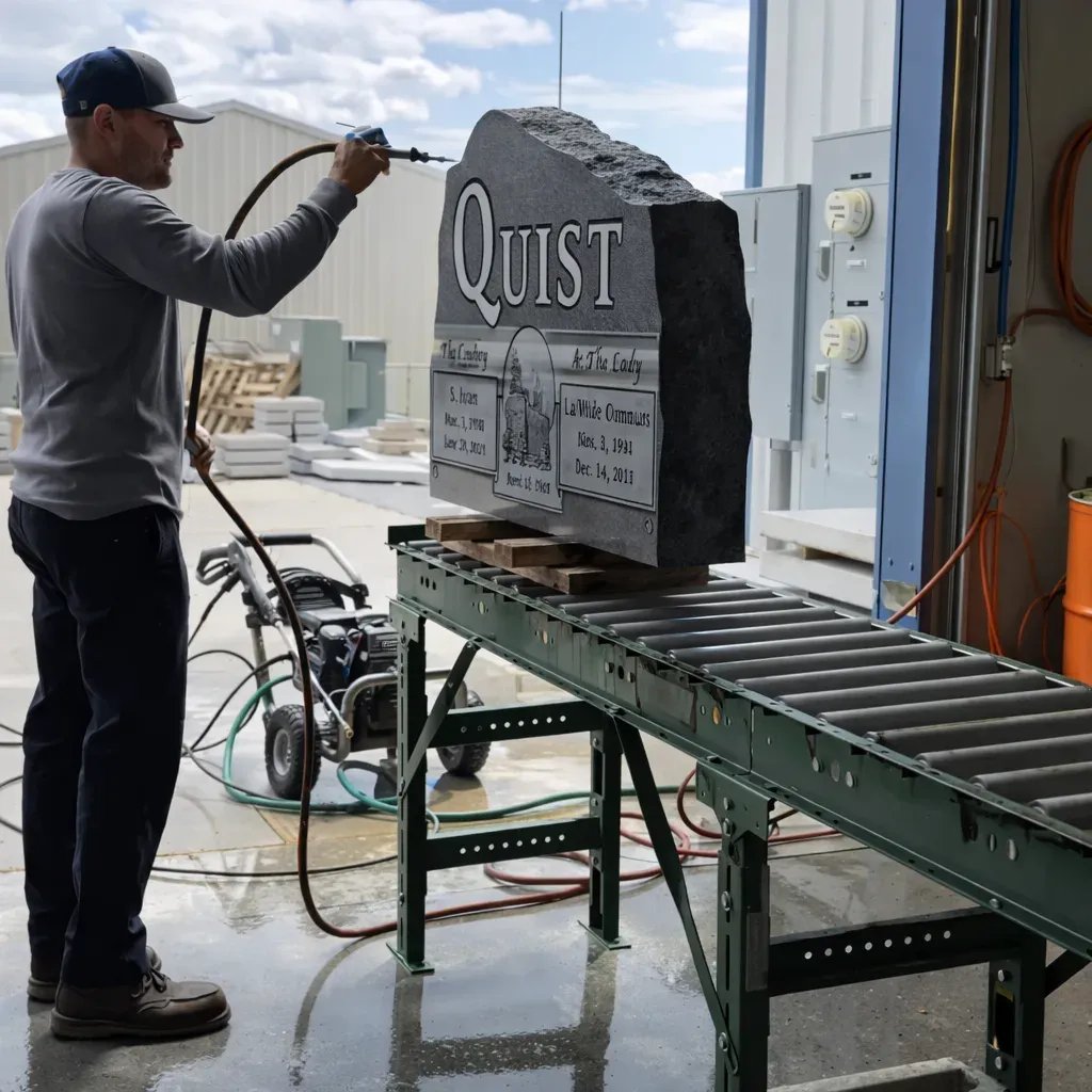 A Utah Headstone Design craftsman washing down a finished engraved monument